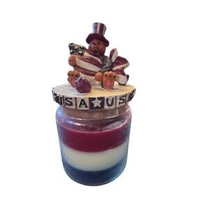NWT USA Patriotic Bear Candle - Red White Blue Uncle Sam Topper American250